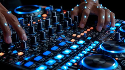Dj mixing music using digital mixer with sound synthesizers for energetic performance