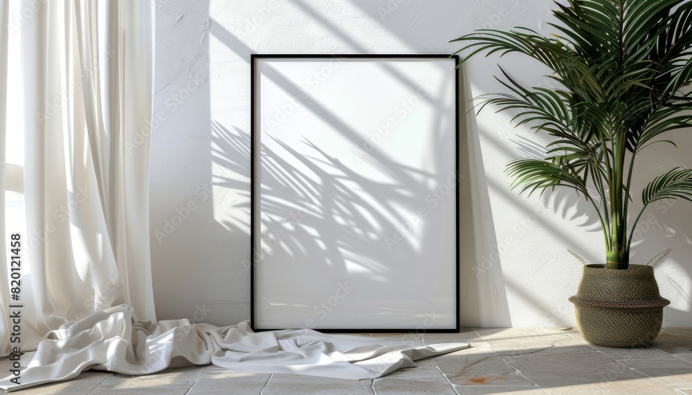 Aufkleber a black thin wooden photo frame was next to it, with white curtains blowing gently in the wind. the 