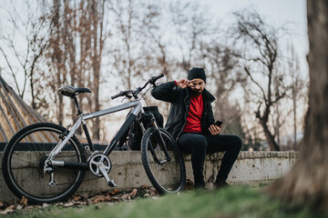 Fototapeta premium A young man sits on a concrete wall in a park next to his mountain bike, making a face or gesture during his break.