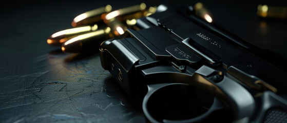 Handgun with ammunition on black background