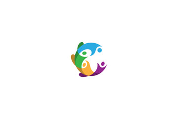 C letter logo with cheerful playing children in colorful vector design style
