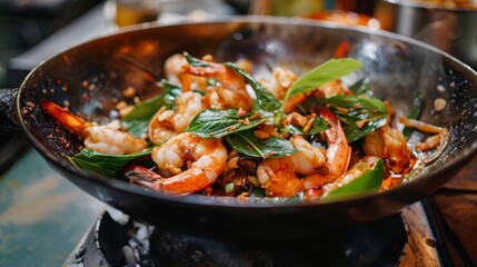 Spicy Thai basil seafood stir-fry served in a traditional wok, with assorted seafood, basil leaves, and spicy sauces.