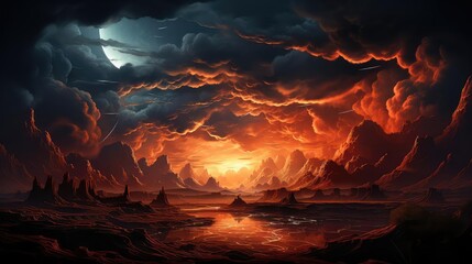 Canyon during a thunderstorm flat design side view dramatic weather theme 3D render Complementary Color Scheme