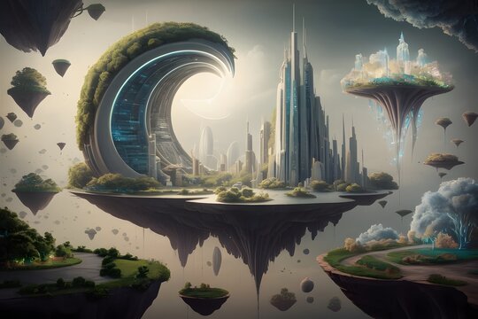 Digital illustration of fantasy futuristic science fiction floating land with alien building and waterfall in canyon valley with primates shouting in front and - Powered by Adobe