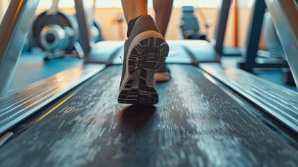 Close-up of a person walking on a treadmill. Suitable for fitness and exercise concepts.