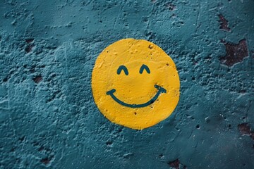 Bright Yellow Smiley Face Graffiti on Rough Blue Wall