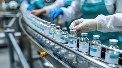 Workers in a pharmaceutical factory handling vials on a production line, ensuring quality control and precision in the manufacturing process..
