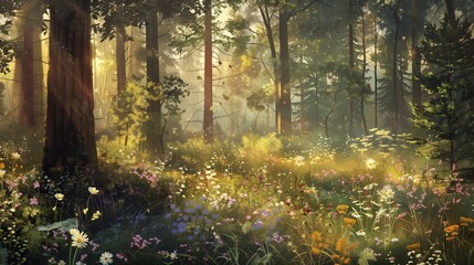 A sunlit forest scene with wildflowers peeking through the undergrowth.