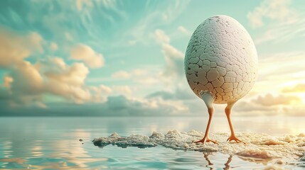A surreal depiction of a hen egg creatively modified into a form with three legs, in a vivid high-definition image.