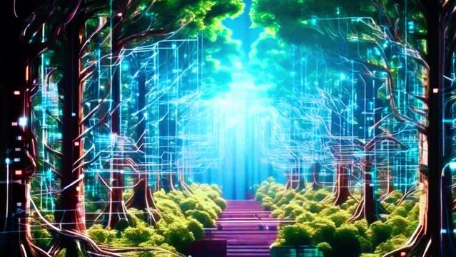 Animate a forest where trees are made of processors and branches are circuits, with data flowing like sap through the system, 4K High-Quality Video