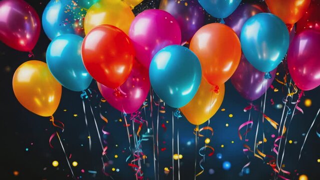 Vibrant celebration with colorful balloons and sparkling ribbons against a dark backdrop, creating a festive and joyful atmosphere.