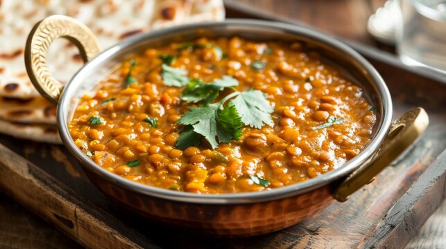 Steaming hot bowl of dal tadka, a comforting Indian lentil curry, served with roti bread and garnished with cilantro.