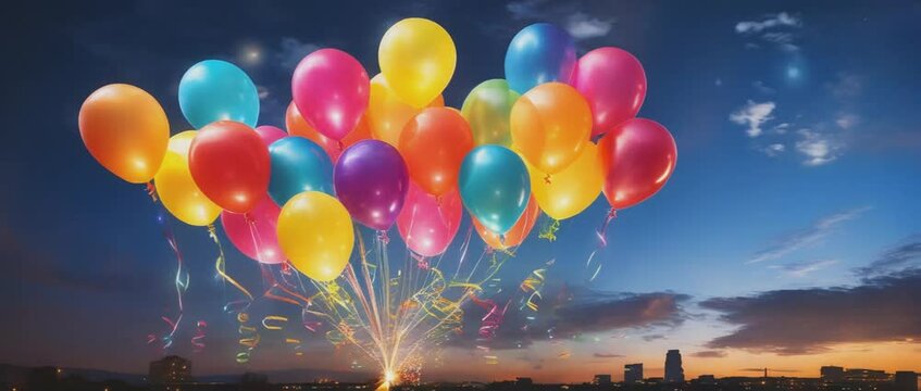 Vibrant celebration with colorful balloons and sparkling ribbons against a dark backdrop, creating a festive and joyful atmosphere.