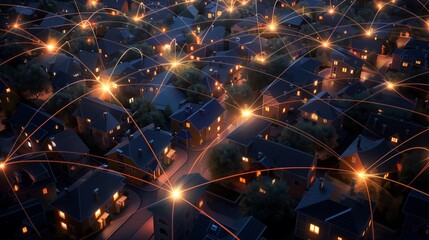 During the night, an aerial perspective reveals a smart city with illuminated networks connecting homes and structures, showcasing sophisticated urban technology and hightech infrastructure