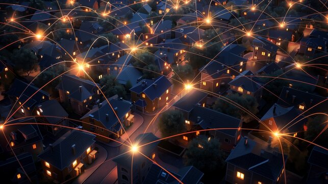 During the night, an aerial perspective reveals a smart city with illuminated networks connecting homes and structures, showcasing sophisticated urban technology and hightech infrastructure