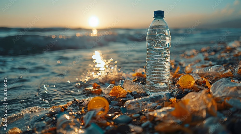 Wall mural close-up of plastic water bottle on beach with ocean in the background, no people