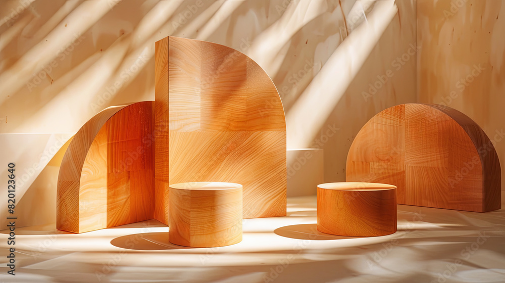 Poster wooden product display stand with shadow and sunlight. 3d rendering