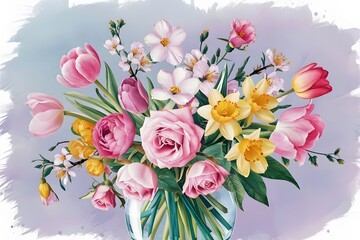 Obraz premium Bouquet of flowers, magnolia, and pink rose with green leaf, beautiful flower on a white background, watercolor illustration, botanical painting