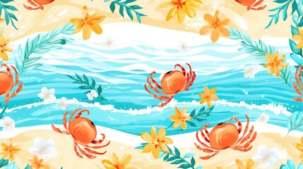 Obraz premium Summer banner with crabs, sand, water waves and tropical plants