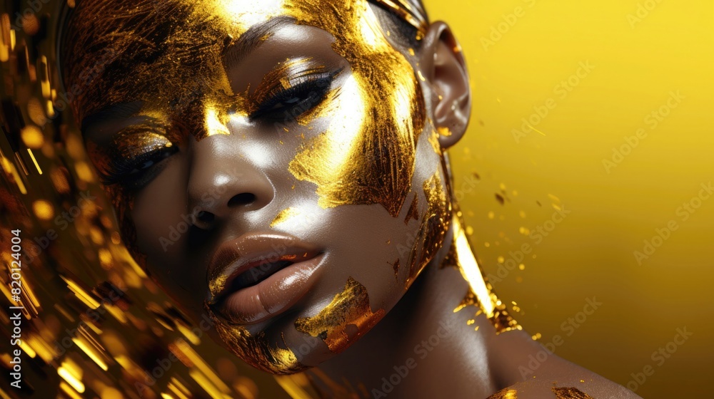 Poster Close-up portrait of an African American woman with her face and neck covered in gold paint.