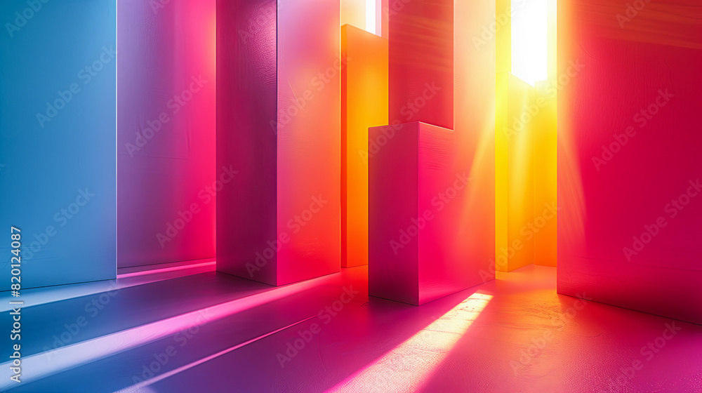 Sticker abstract bright interior with neon lights. 3d rendering, 3d illustration