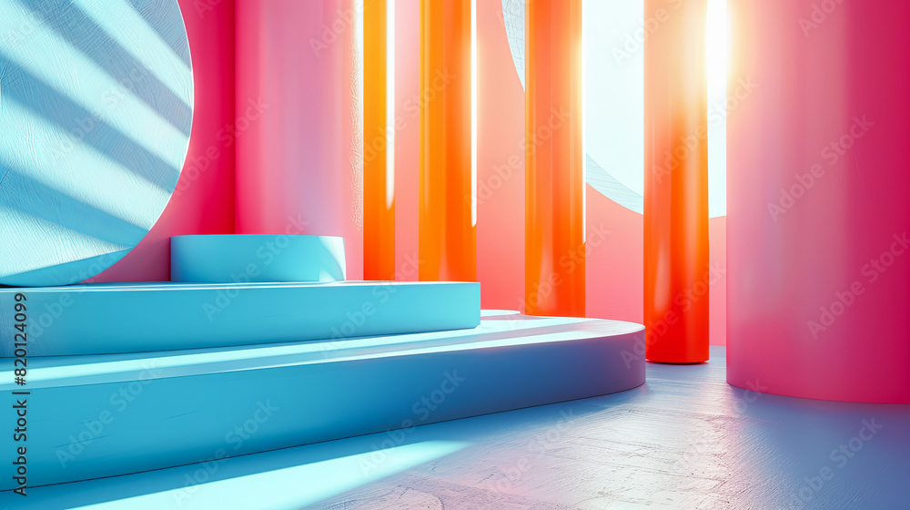 Poster 3d rendering of abstract geometric forms, podium for product display.