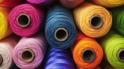 Close-up of vibrant yarn spools arranged in rows, showcasing various colors and textures, perfect for knitting and crafting projects...