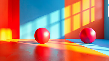 3d render of abstract interior with red balls on floor and sunlight