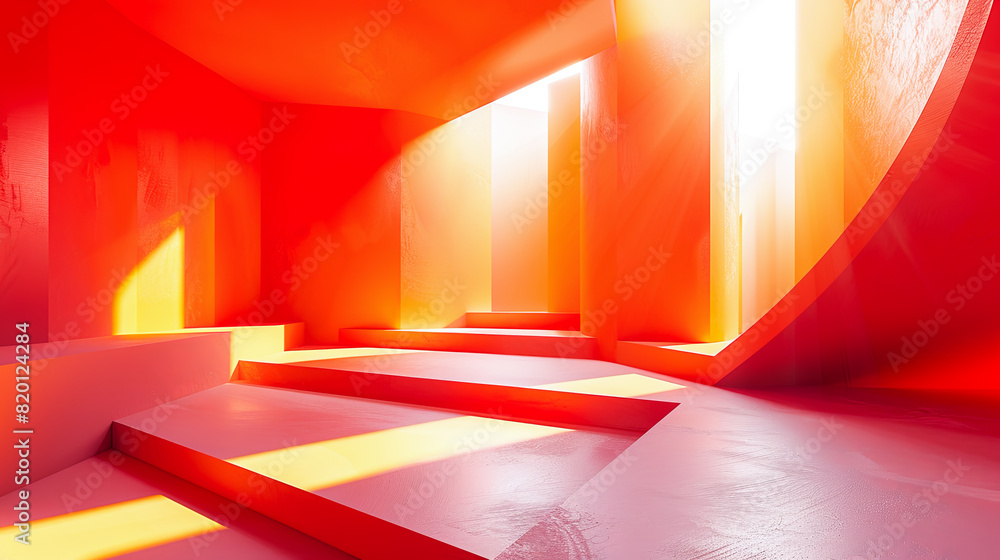 Poster abstract empty room with red and orange walls and floor. 3d rendering