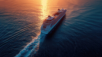 Luxury cruise ship in the ocean sea at sunset	
