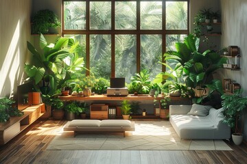 Fototapeta na wymiar A houseplantfilled living room with a large window and wood flooring