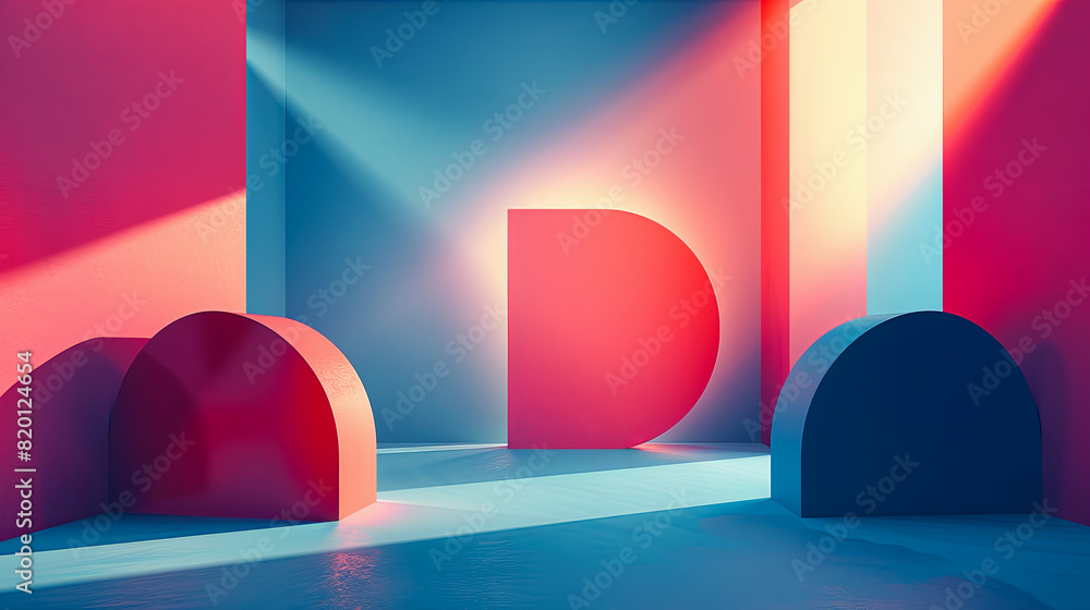 Poster minimalistic interior design with red and blue geometric shapes. 3d rendering