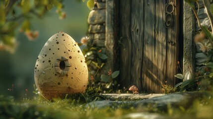 Zoom in on a handcrafted egg placed playfully next to a rustic door, each with whimsical eyes and dainty legs.scene, inviting viewers into a world of imagination and wonder. - Powered by Adobe