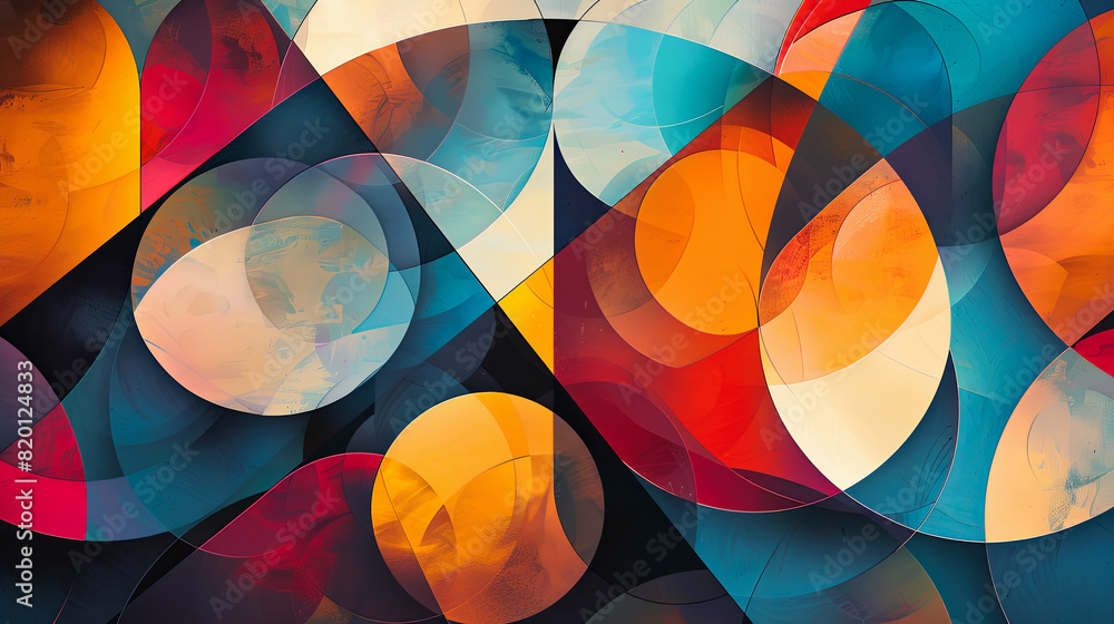 Poster abstract background with colorful circles and geometric shapes. 3d rendering.
