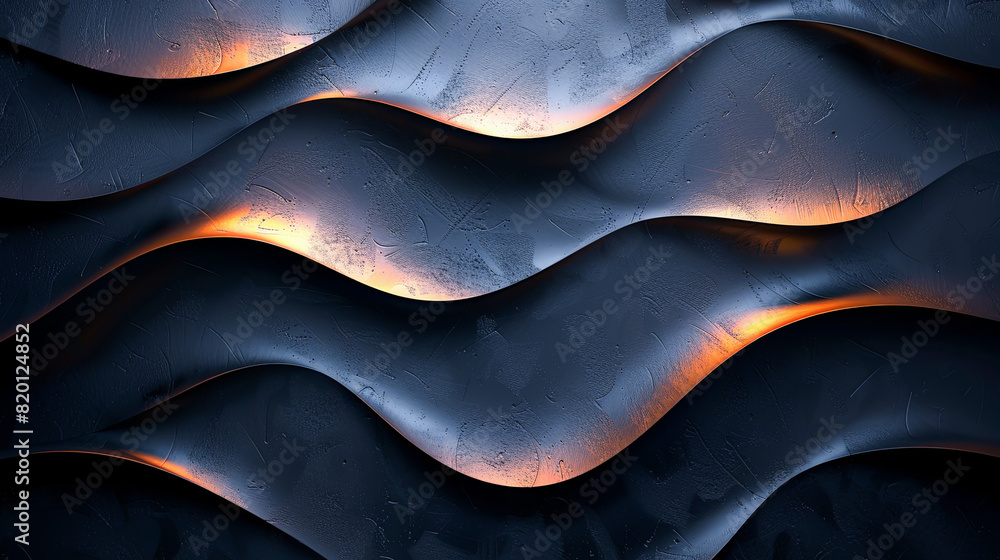 Poster 3d render, abstract background with black and orange wavy pattern