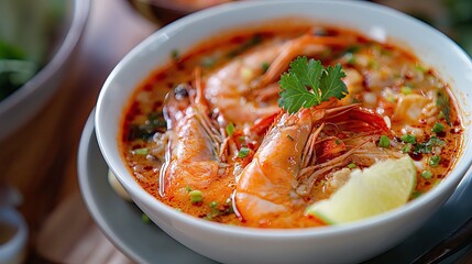 A flavorful bowl of spicy shrimp soup garnished with fresh cilantro and chili peppers, served with lime wedges on the side..