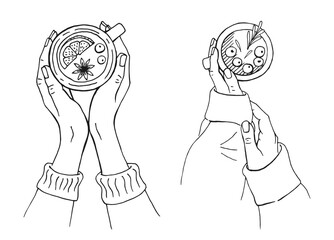 Hand drawn sketch of hands holding a cup of coffee, tea etc. Vector illustration isolated on white background.