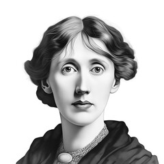 Black and white vintage engraving, close-up headshot portrait of Adeline Virginia Woolf, the famous historical English writer and novelist, white background, greyscale