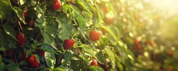 Obraz premium Red chilli pepper grow on the bio farm with lot of sun, vegetables healthy food banner. Generative Ai
