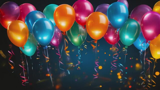 Vibrant celebration with colorful balloons and sparkling ribbons against a dark backdrop, creating a festive and joyful atmosphere.