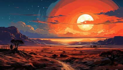 Desert Dunes with a caravan flat design side view twilight theme water color Analogous Color Scheme