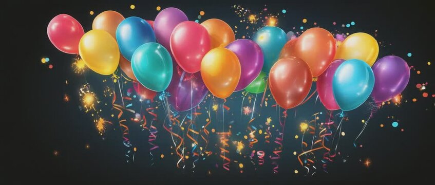Vibrant celebration with colorful balloons and sparkling ribbons against a dark backdrop, creating a festive and joyful atmosphere.