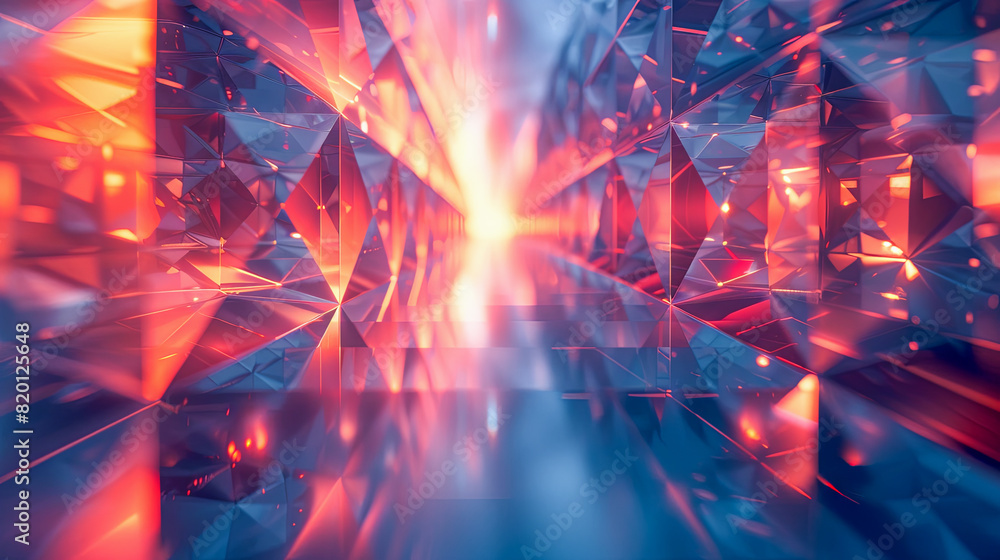 Poster abstract 3d rendering of low poly tunnel with glowing lights and reflections