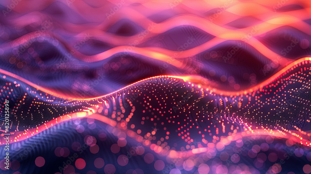 Poster 3d rendering of abstract digital particles wave flow with depth of field and bokeh lights