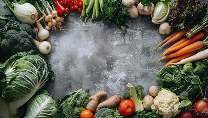 A variety of vegetables are arranged in a circle on a grey surface by AI generated image - Powered by Adobe