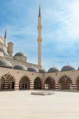 Canakkale 18 March Hatime Ana Grand Mosque, view of its minaret from inside the courtyard on a...