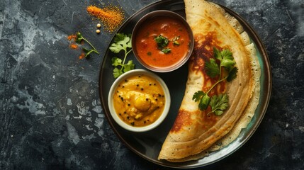 Traditional Indian street food dish, masala dosa, served on a plate with chutney and sambar for...