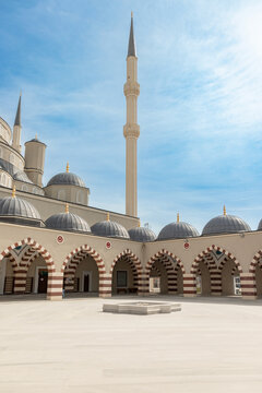 Canakkale 18 March Hatime Ana Grand Mosque, view of its minaret from inside the courtyard on a sunny day.