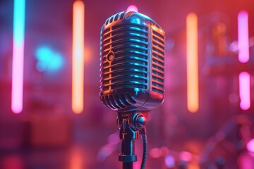 A microphone is on a colorful background