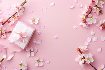 gift box and branch of cherry blossoms. for presentation, season banner beauty, sakura holiday event.